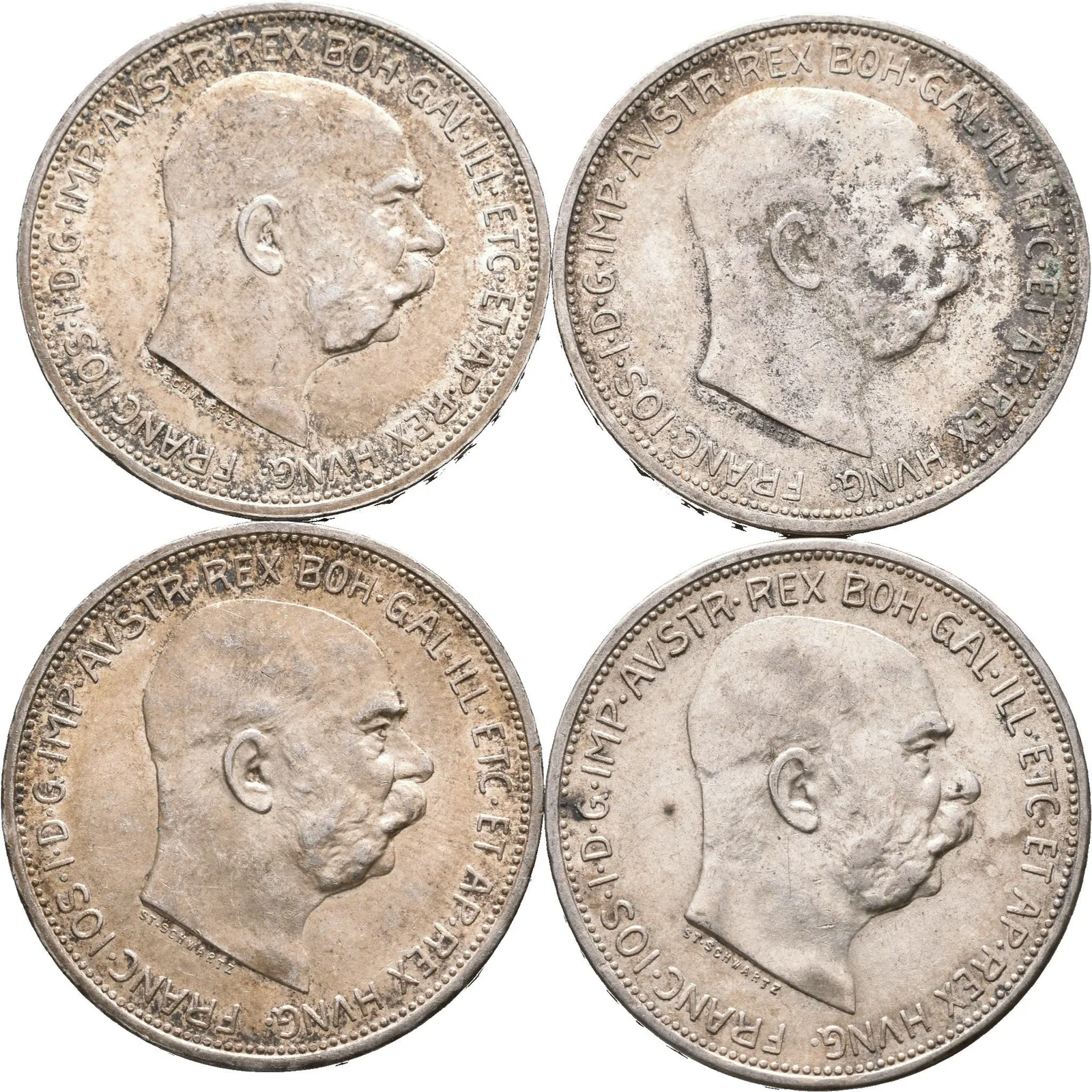 2 Koruna 1912 (3x), 1913, patina, rysky, oběh_4 ks — 1
