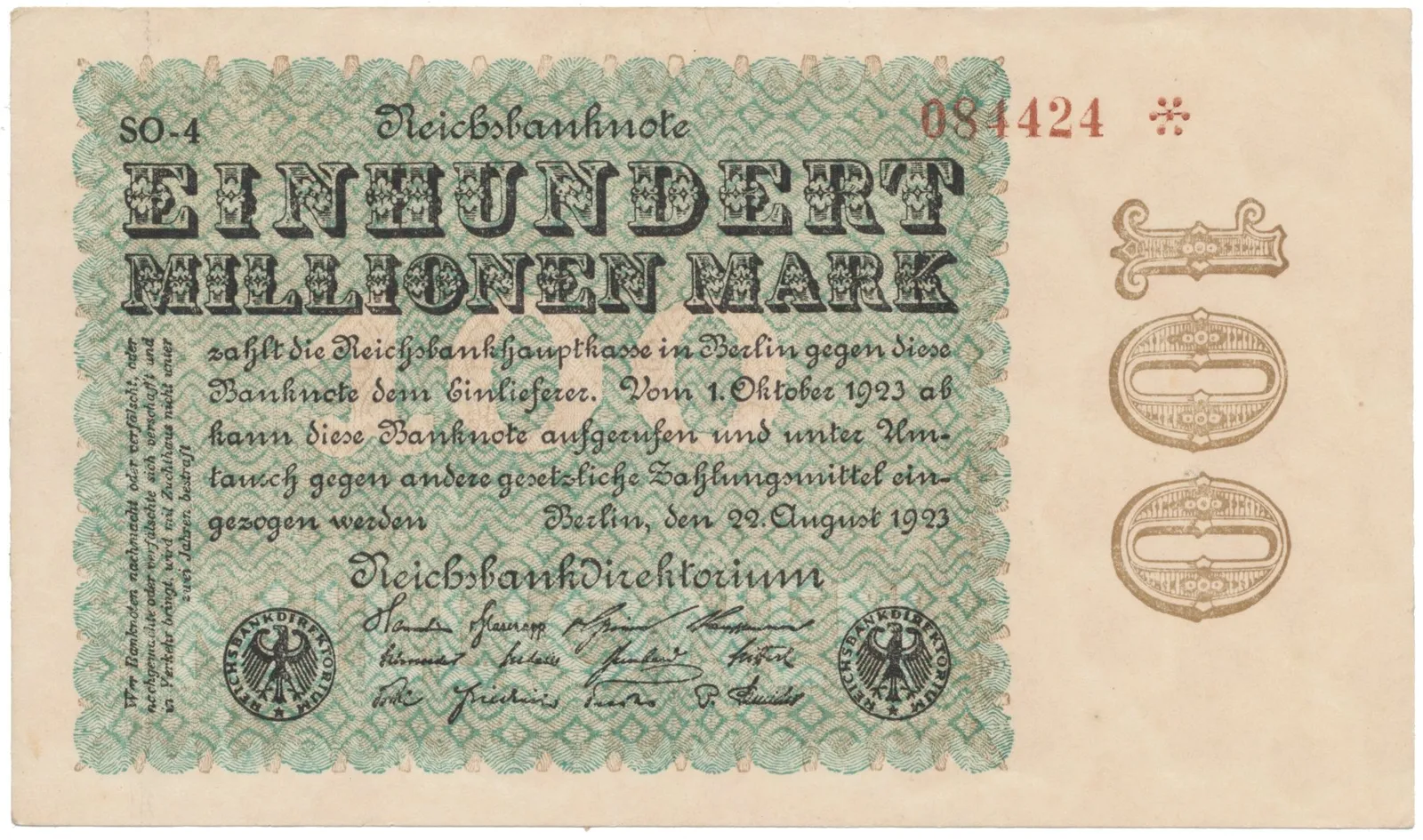 Německo, 100 Millionen Mark 1923, Sterne, Ro.106u