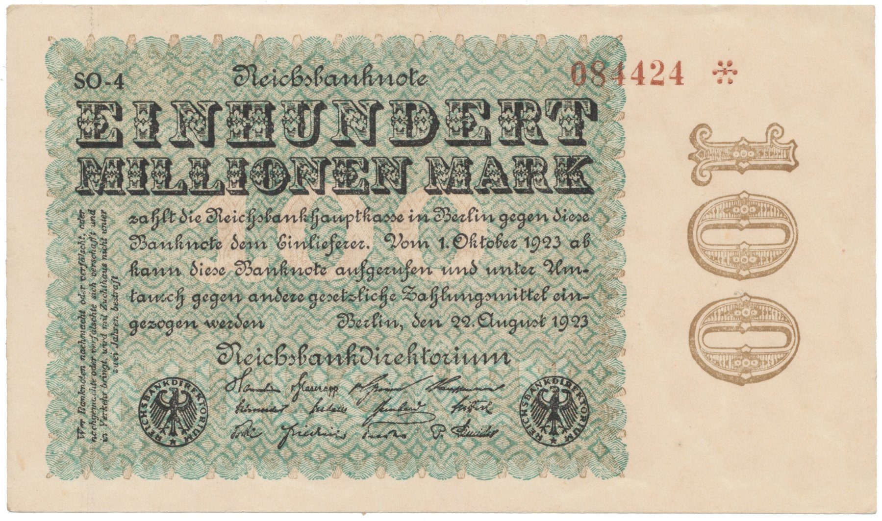 Německo, 100 Millionen Mark 1923, Sterne, Ro.106u