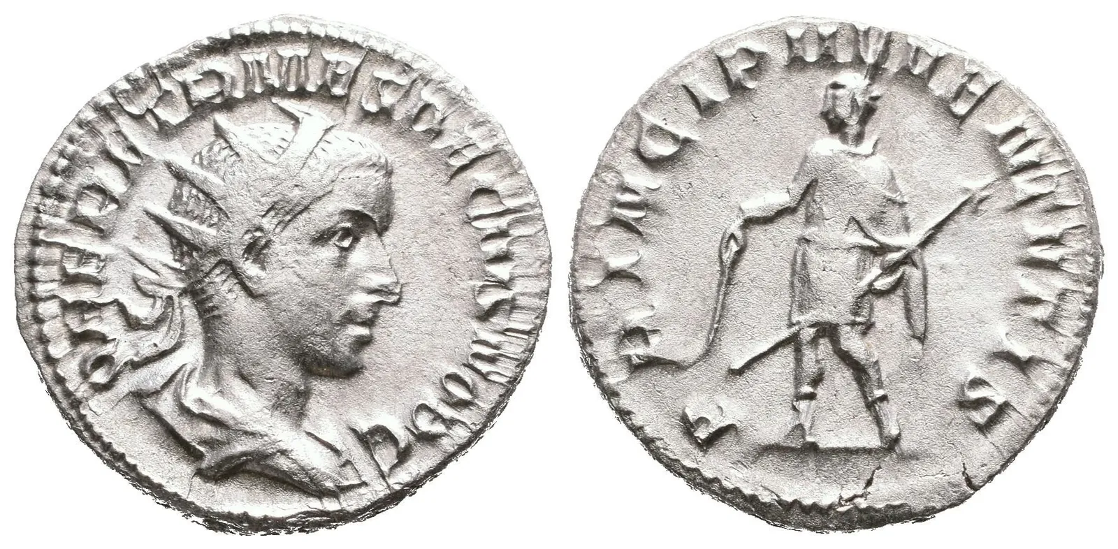 Antoninian, Rv: PRINCIPI IVVENTVTIS, Herennius ve vojenském oděvu zleva drží — 1