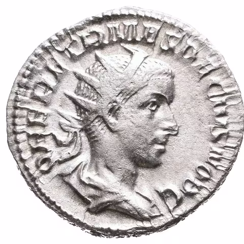 Antoninian, Rv: PRINCIPI IVVENTVTIS, Herennius ve vojenském oděvu zleva drží