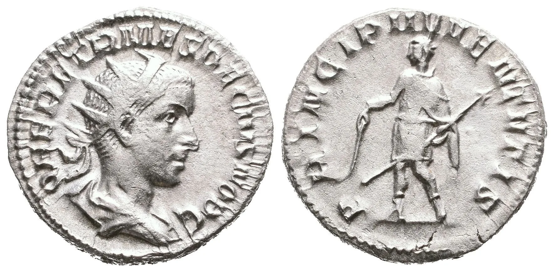 Antoninian, Rv: PRINCIPI IVVENTVTIS, Herennius ve vojenském oděvu zleva drží — 1