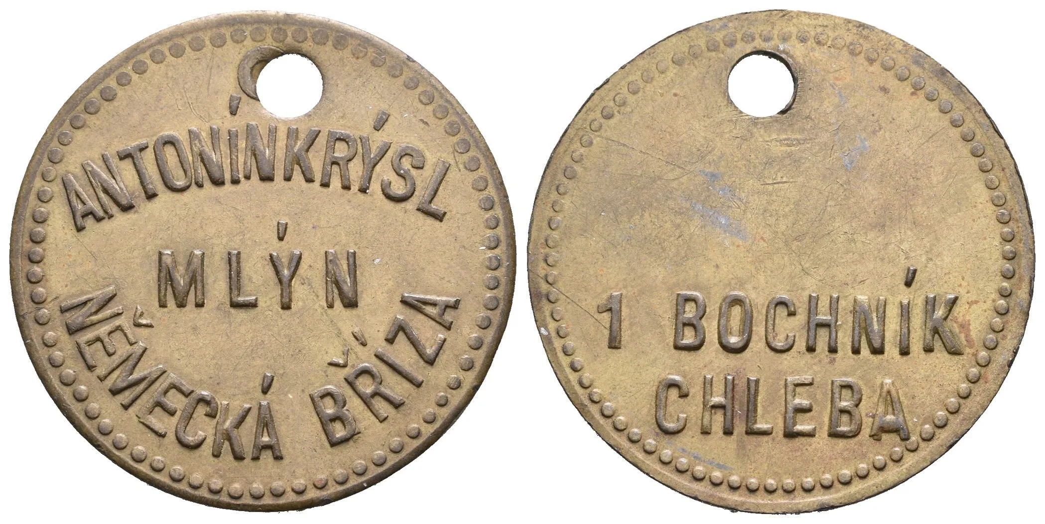 Německá Bříza - Mlýn Antonín Krýsl, známka na 1 bochník chleba. Ms 30 mm, — 1