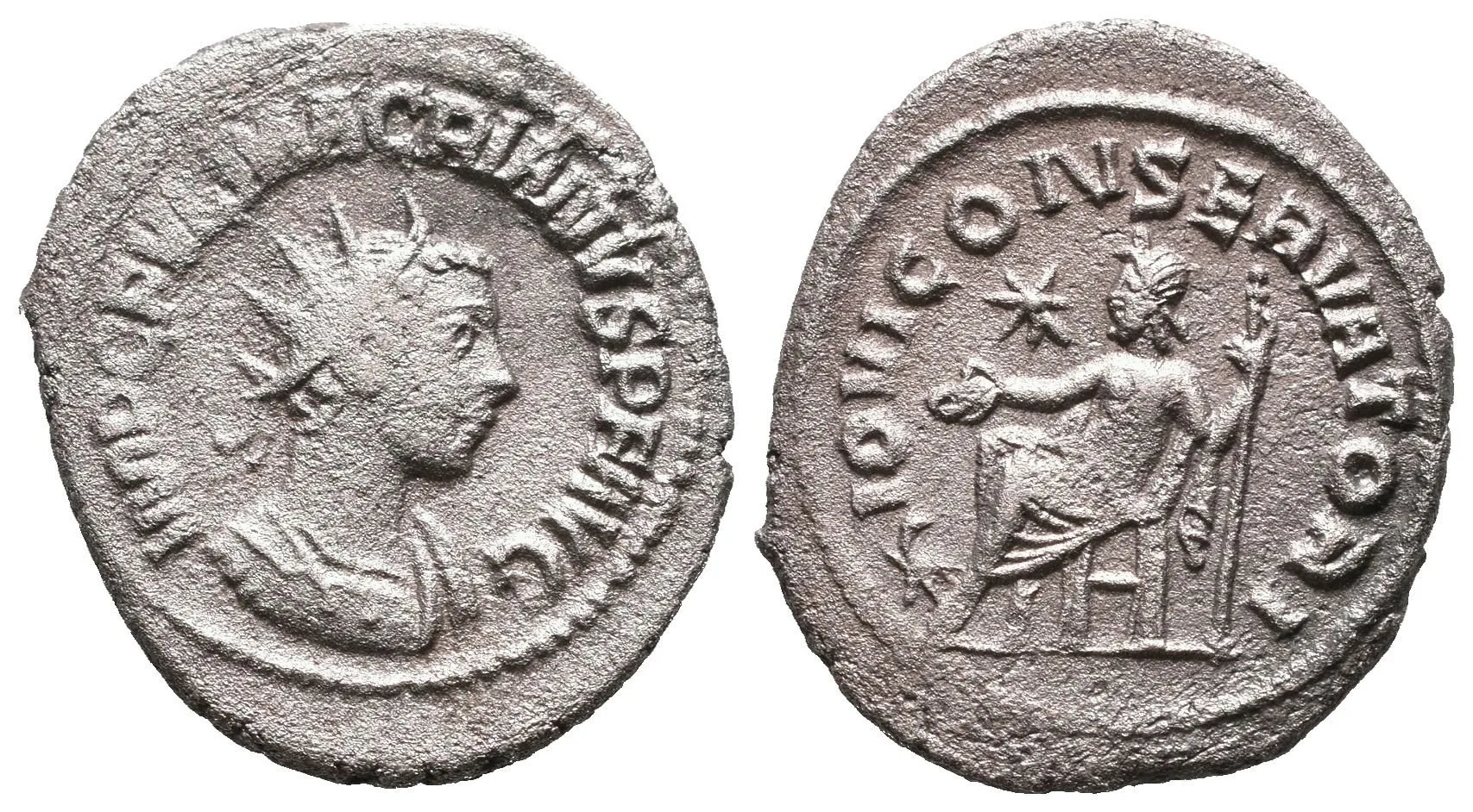 Antoninian, Samosata, Rv: IOVI CONSERVATORI, sedící Jupiter zleva drží pateru — 1