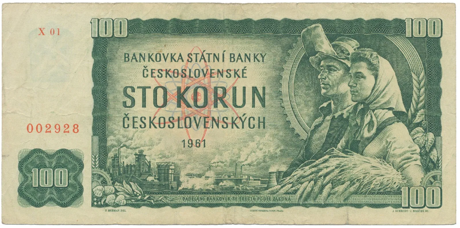 Československo, 100 Koruna 1961, I. vydání, první série X 01, Hej.101dX