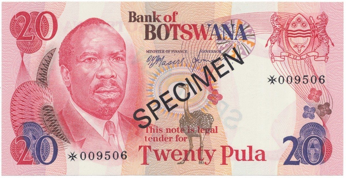 Botswana, 20 Pula (1979), SPECIMEN, P.5cs