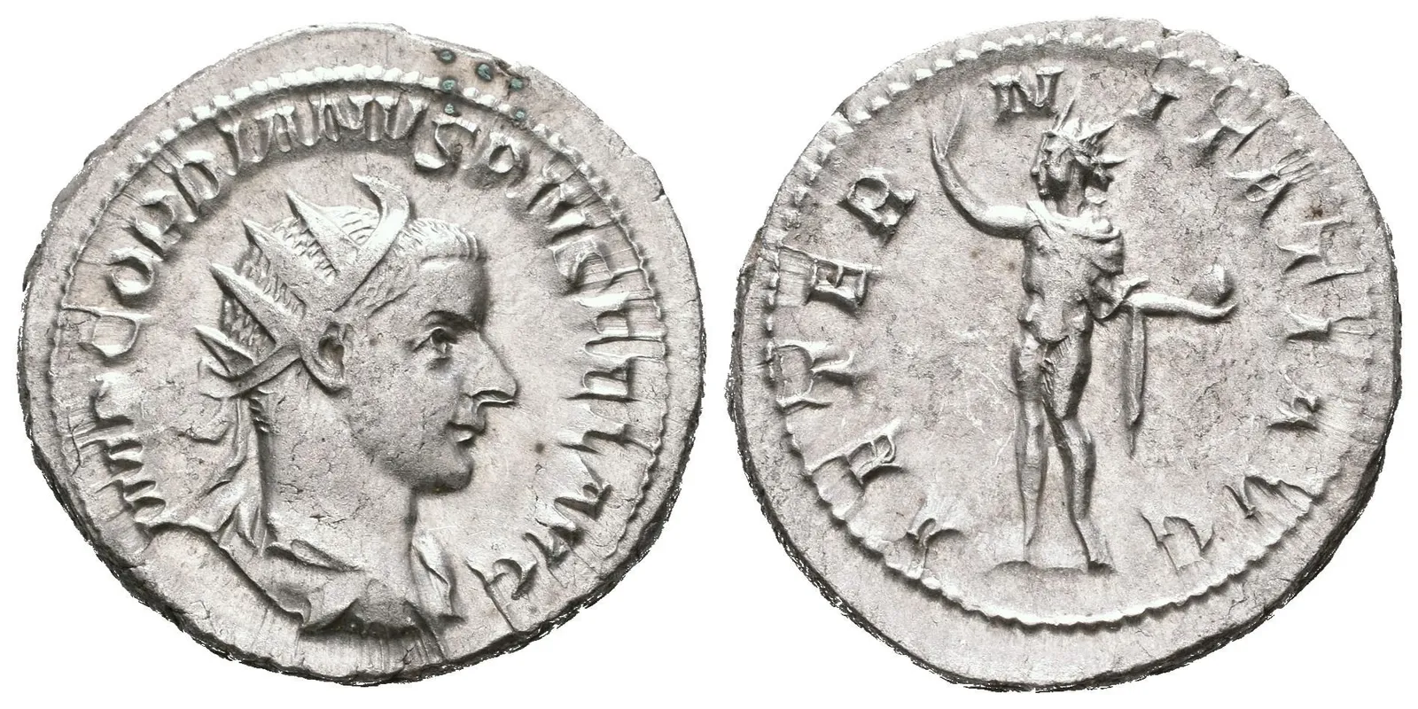 Antoninian, 241 - 243, Rv: AETERNITATI AVG, stojící Sol čelně hledí doleva, — 1