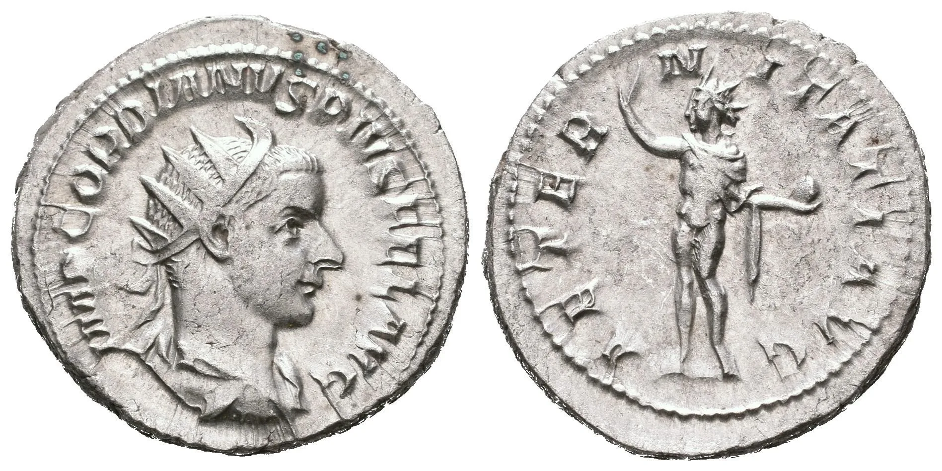 Antoninian, 241 - 243, Rv: AETERNITATI AVG, stojící Sol čelně hledí doleva, — 1