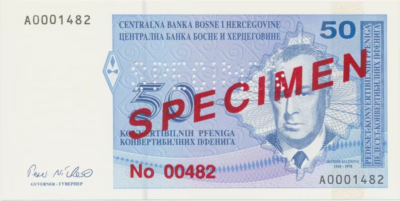 Bosna a Hercegovina, 50 Konvert. Pfeniga (1998), anulát - SPECIMEN, P.57s