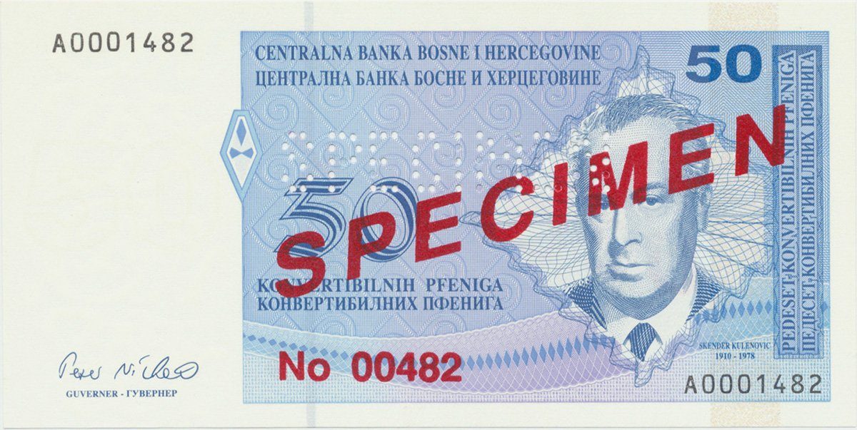 Bosna a Hercegovina, 50 Konvert. Pfeniga (1998), anulát - SPECIMEN, P.57s