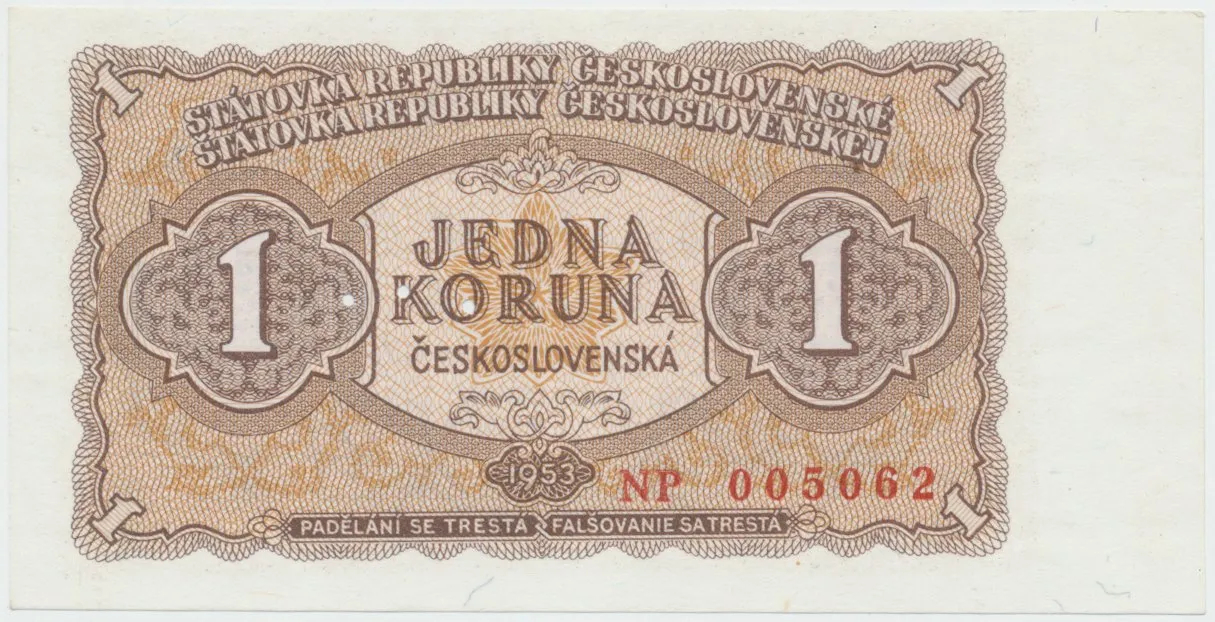 Československo, 1 Koruna 1953, tisk Praha, série NP, perf. 3 m.d., Hej.89b1.S1