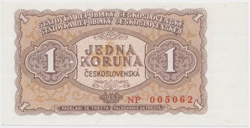 Československo, 1 Koruna 1953, tisk Praha, série NP, perf. 3 m.d., Hej.89b1.S1