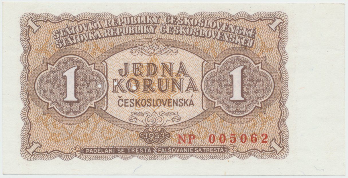 Československo, 1 Koruna 1953, tisk Praha, série NP, perf. 3 m.d., Hej.89b1.S1