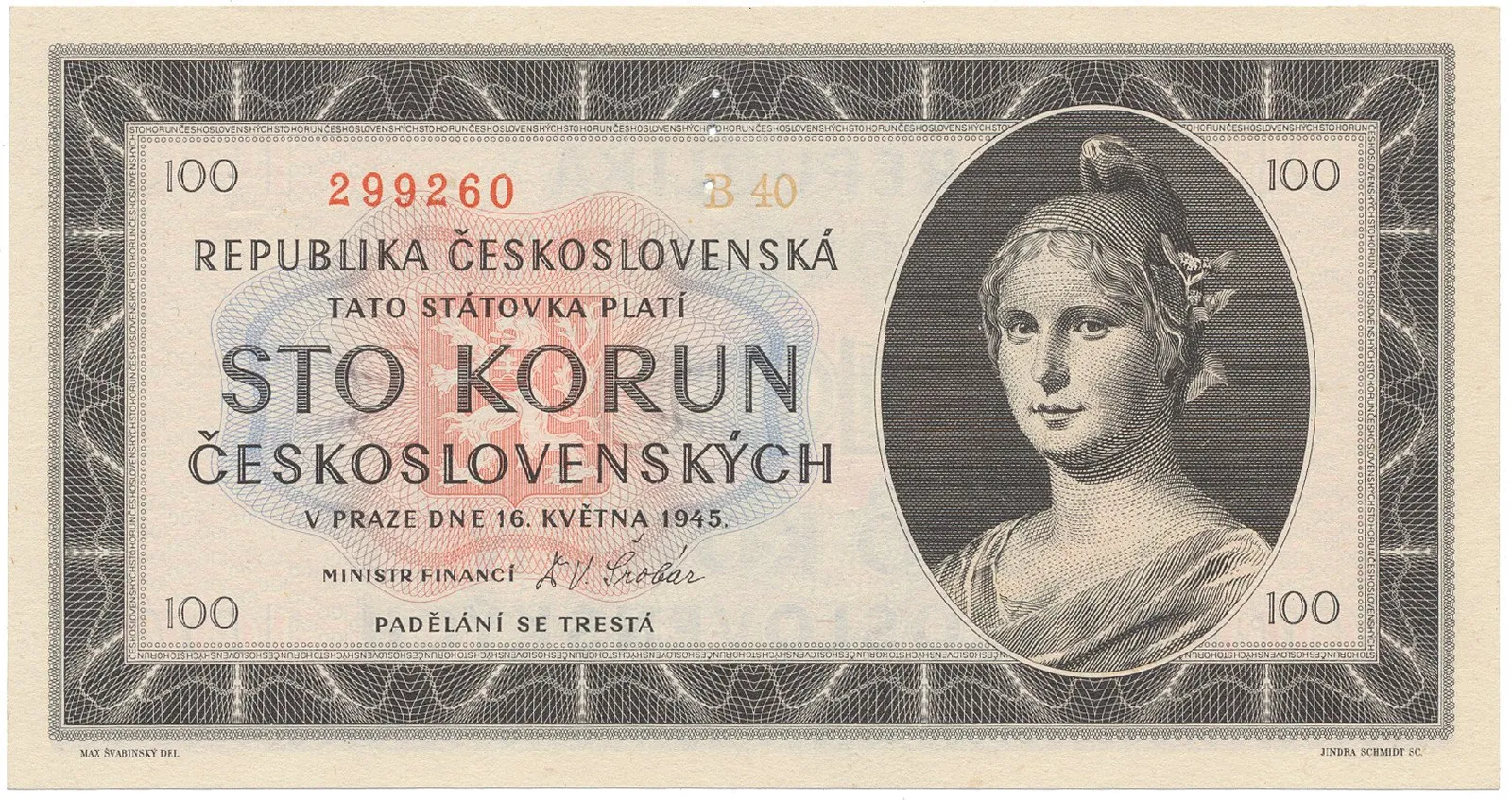 Československo, 100 Koruna 1945, série B, tisk TP NBČS, perforace 3 md svisle, Hej.77aB.S1