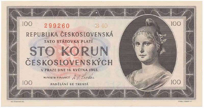 Československo, 100 Koruna 1945, série B, tisk TP NBČS, perforace 3 md svisle, Hej.77aB.S1