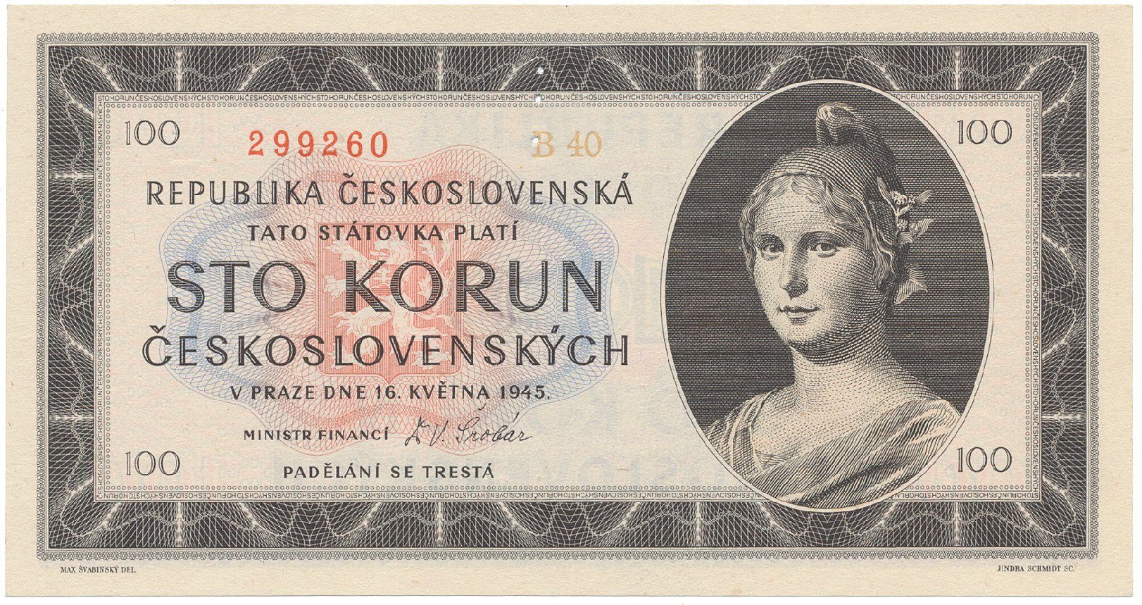 Československo, 100 Koruna 1945, série B, tisk TP NBČS, perforace 3 md svisle, Hej.77aB.S1
