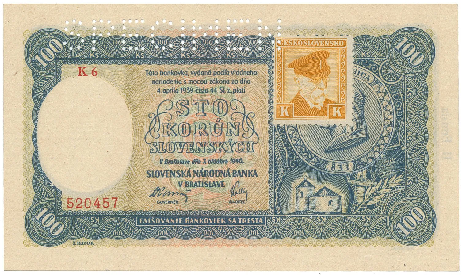 Československo, 100 Koruna 1940/1945, II. vydání, kolkovaná, série s 1 číslem, perf. 1x SPECIMEN nahoře, Hej.63a1.S1