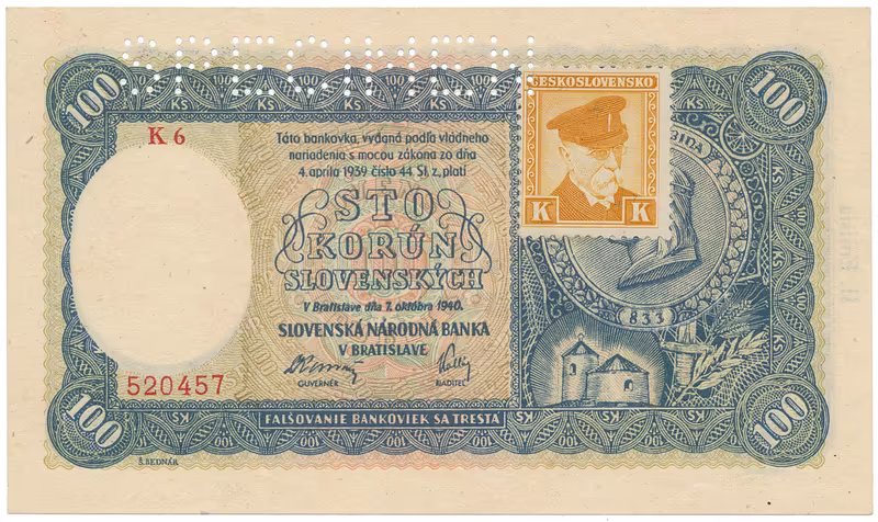 Československo, 100 Koruna 1940/1945, II. vydání, kolkovaná, série s 1 číslem, perf. 1x SPECIMEN nahoře, Hej.63a1.S1