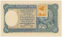 Československo, 100 Koruna 1940/1945, II. vydání, kolkovaná, série s 1 číslem, perf. 1x SPECIMEN nahoře, Hej.63a1.S1