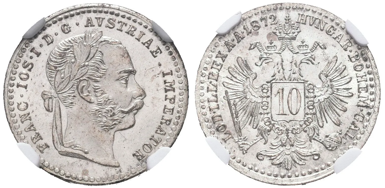 10 Krejcar 1872, certifikace NGC, hodnocení MS 64, nádherná zachovalost, — 1