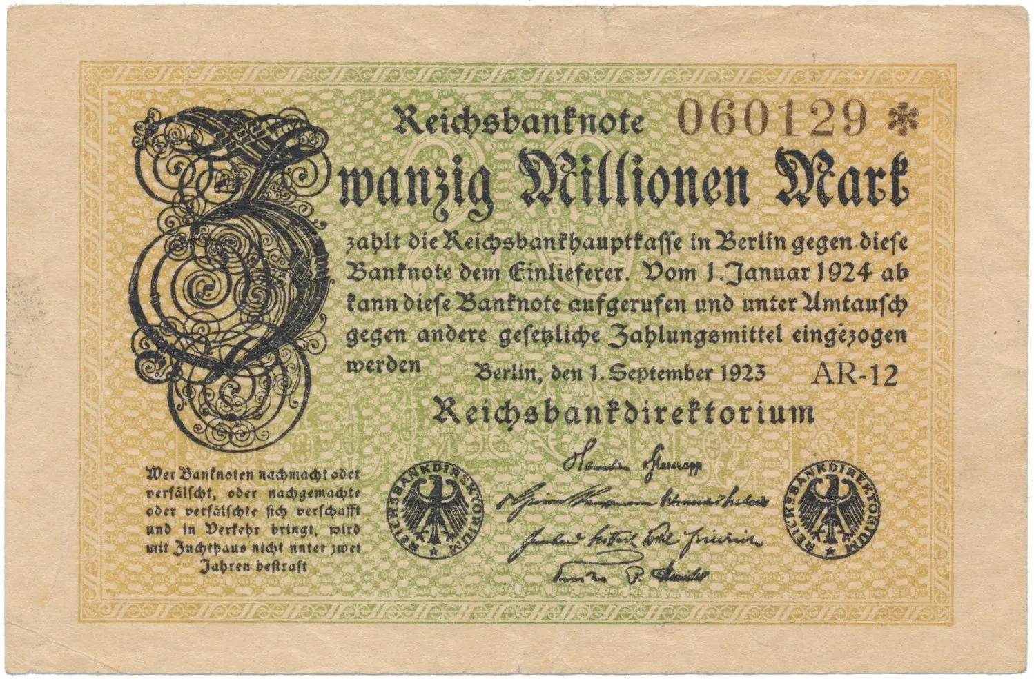 Německo, 20 Millionen Mark 1923, Ro.107c