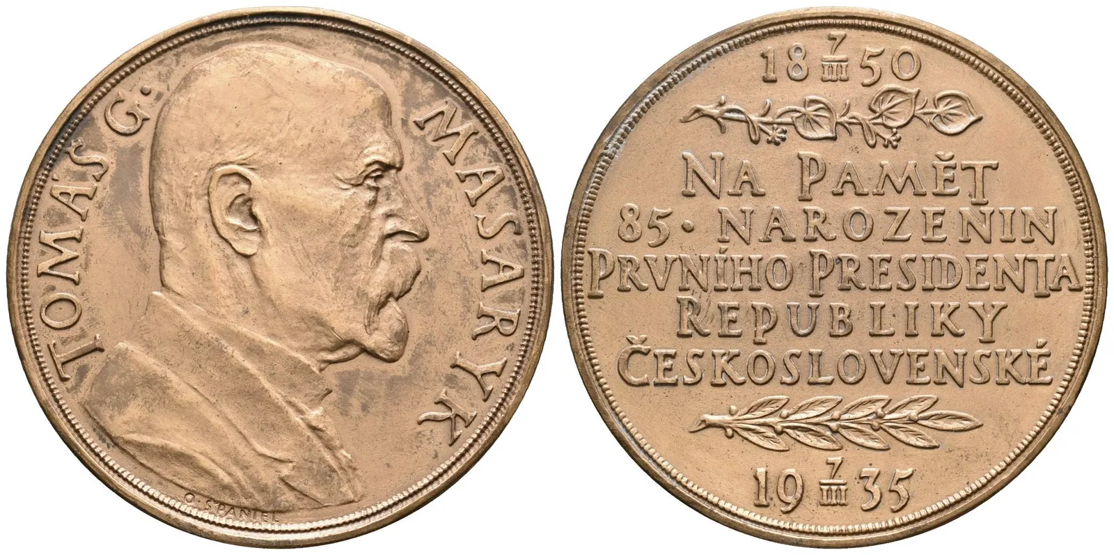 AE Medaile 1935 - K 85. narozeninám T. G. Masaryka. Poprsí T. G. Masaryka zprava, — 1