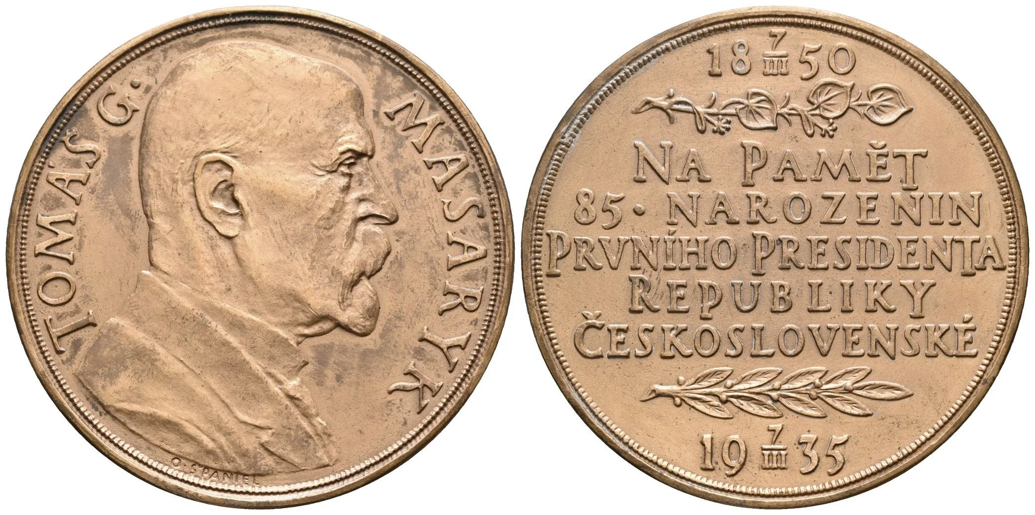 AE Medaile 1935 - K 85. narozeninám T. G. Masaryka. Poprsí T. G. Masaryka zprava, — 1