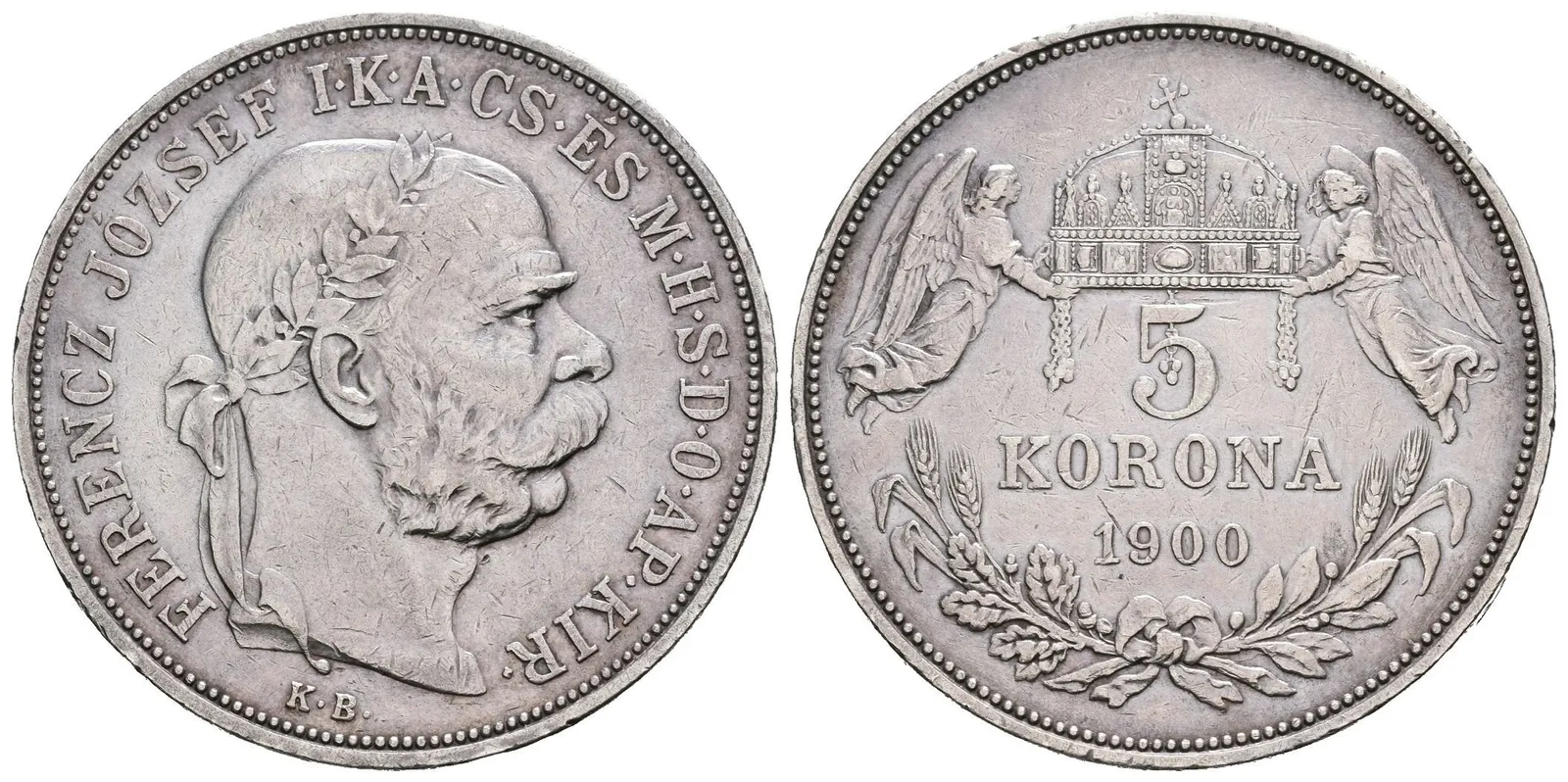 5 Koruna 1900 KB, škr. a hranky, pěkná patina — 1
