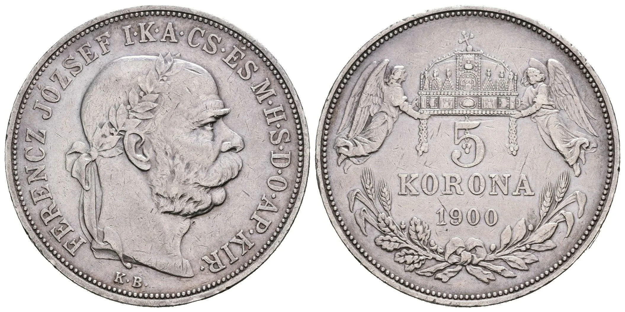 5 Koruna 1900 KB, škr. a hranky, pěkná patina — 1