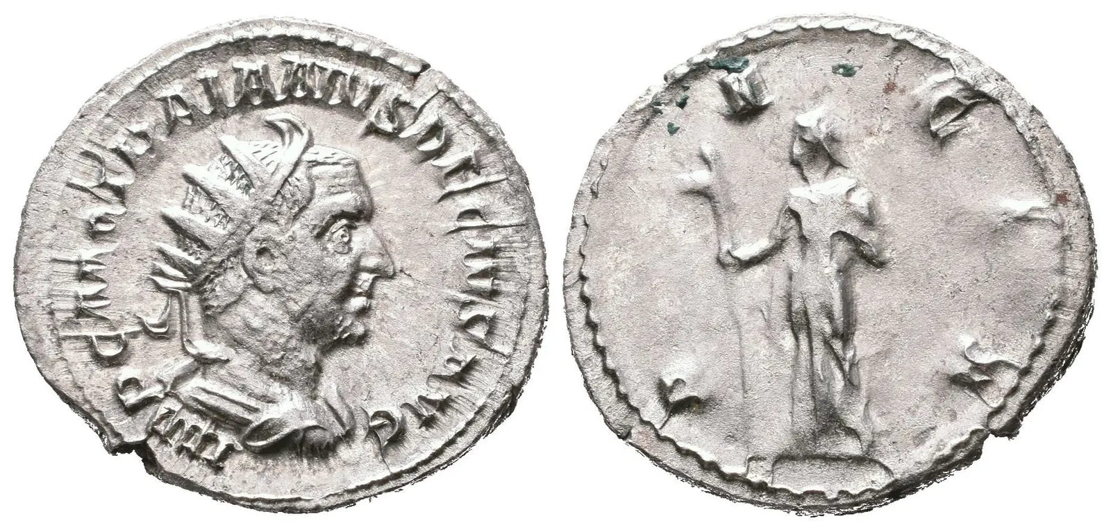 Antoninian, 249 - 251, Rv: DACIA, stojící Dacia zleva drží dlouhou hůl zakončenou — 1