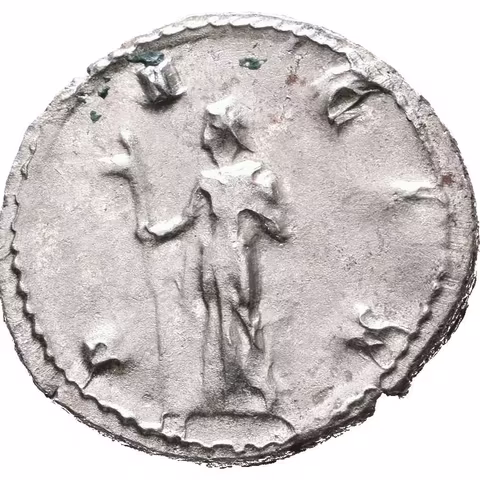Antoninian, 249 - 251, Rv: DACIA, stojící Dacia zleva drží dlouhou hůl zakončenou