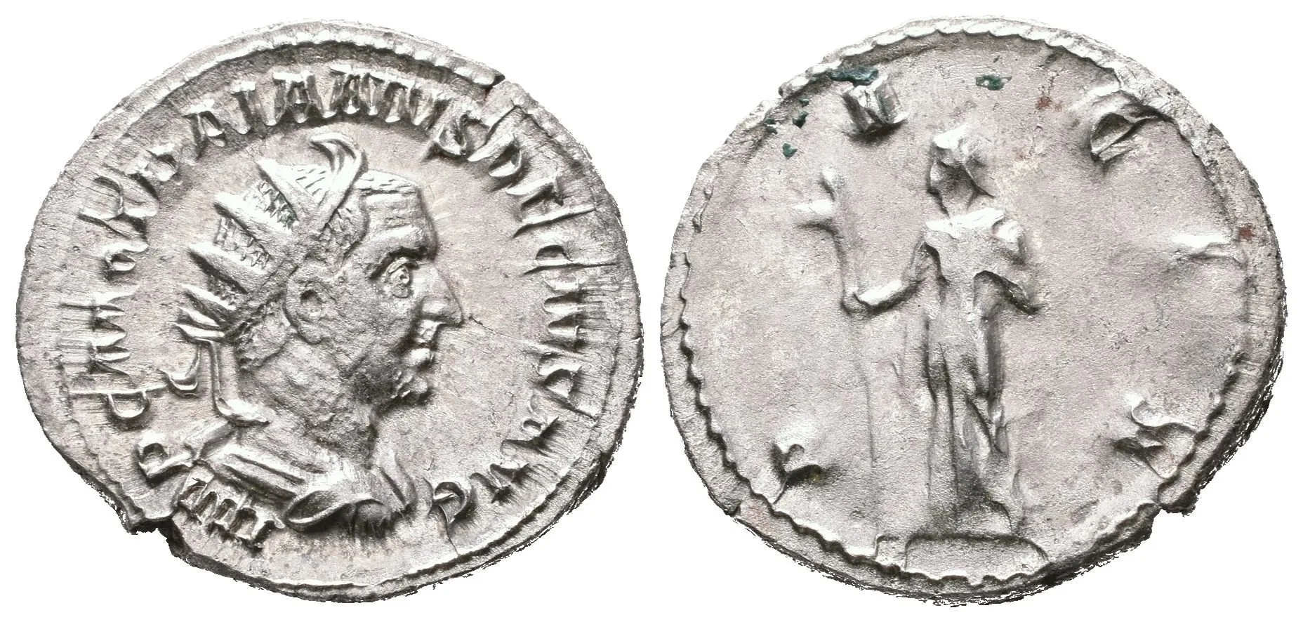 Antoninian, 249 - 251, Rv: DACIA, stojící Dacia zleva drží dlouhou hůl zakončenou — 1