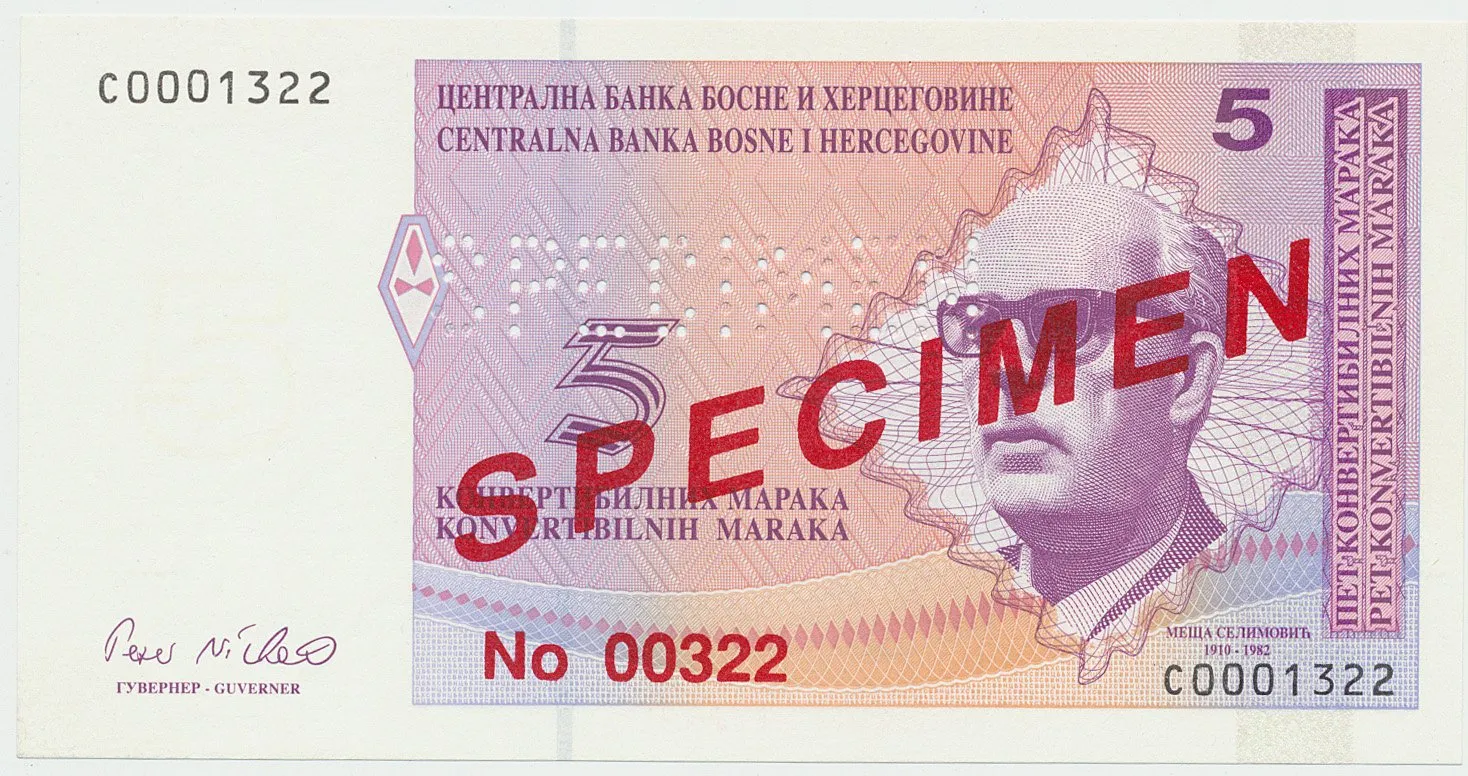 Bosna a Hercegovina, 5 Konvert. Marka (1998), anulát - SPECIMEN, P.62s