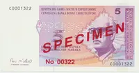 Bosna a Hercegovina, 5 Konvert. Marka (1998), anulát - SPECIMEN, P.62s
