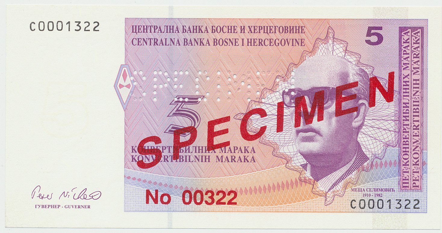Bosna a Hercegovina, 5 Konvert. Marka (1998), anulát - SPECIMEN, P.62s