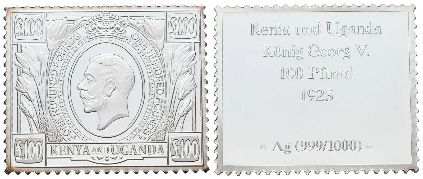 Stříbrná známka - Kenya A Uganda - 1925  - 100 Pfund - Ag 11 - 999/1000