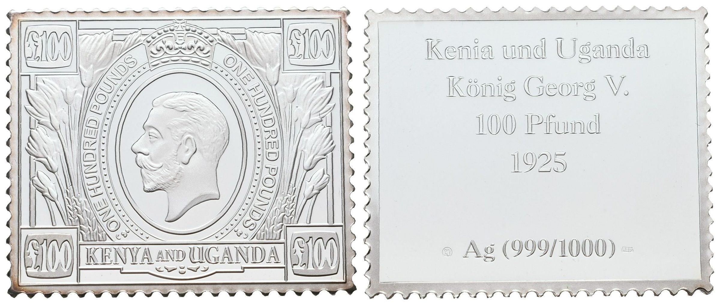 Stříbrná známka - Kenya A Uganda - 1925  - 100 Pfund - Ag 11 - 999/1000