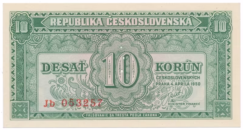 10 Koruna 1950, perforace 3 m.d. v obloučku, Hej.86bS2