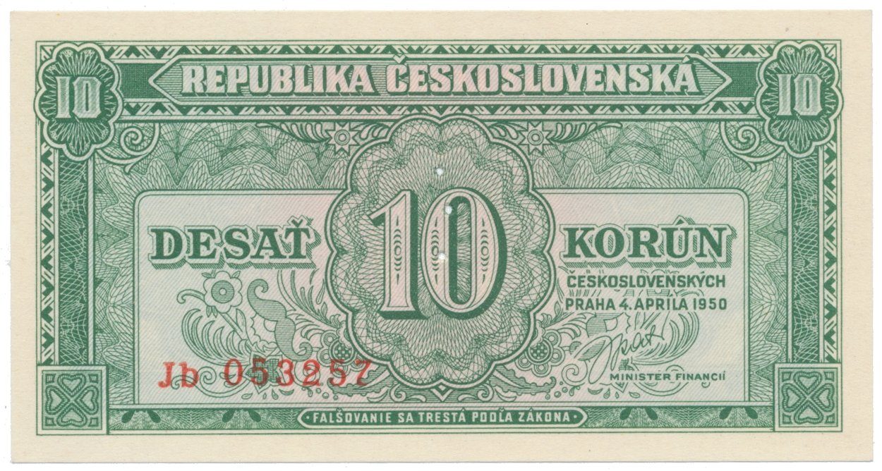 10 Koruna 1950, perforace 3 m.d. v obloučku, Hej.86bS2