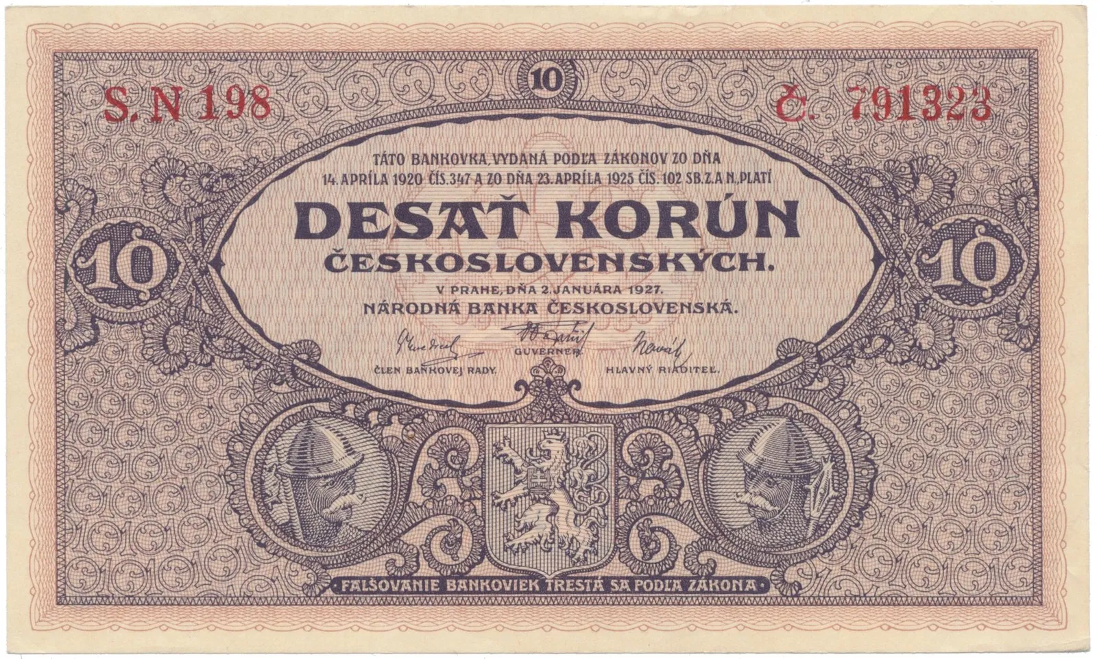 10 Koruna 1927, série N, Hej.22b