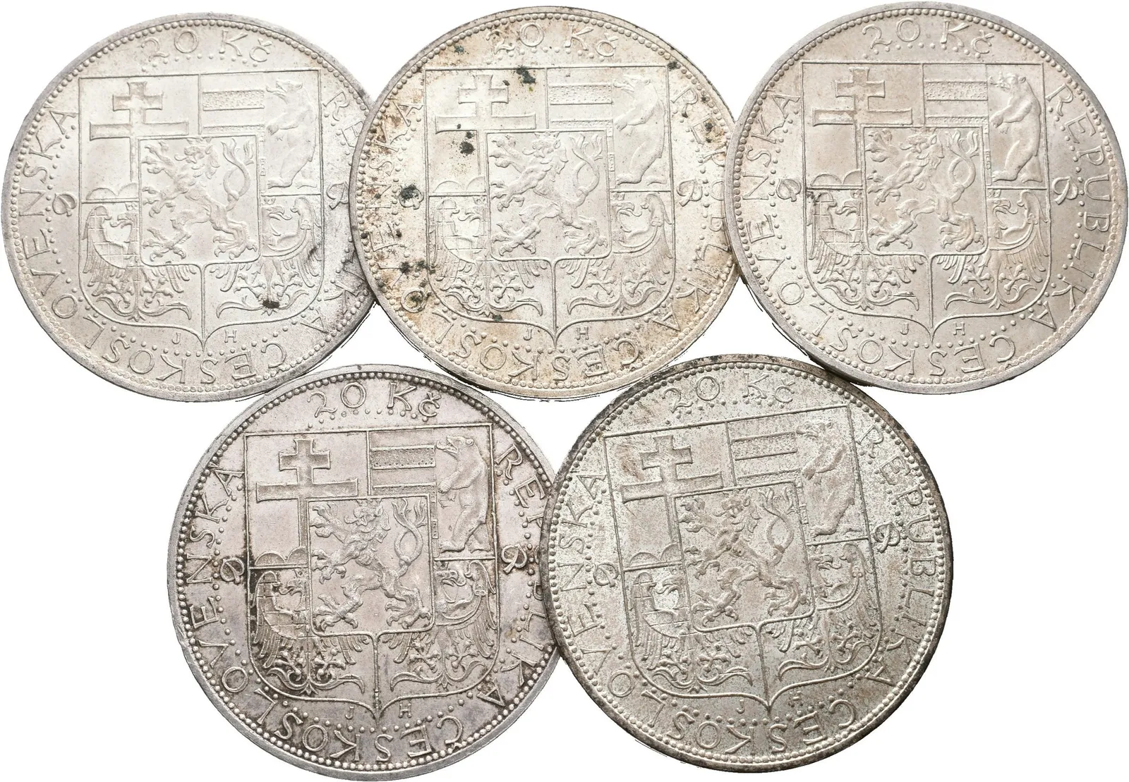 20 Koruna 1937 - Masaryk, pěkné zachovalosti, patina, oběh_5 ks — 1