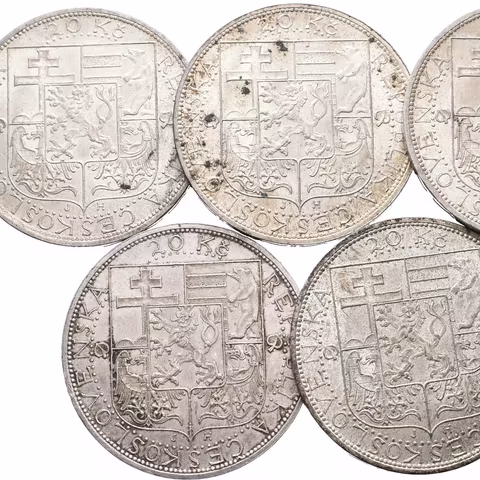 20 Koruna 1937 - Masaryk, pěkné zachovalosti, patina, oběh_5 ks