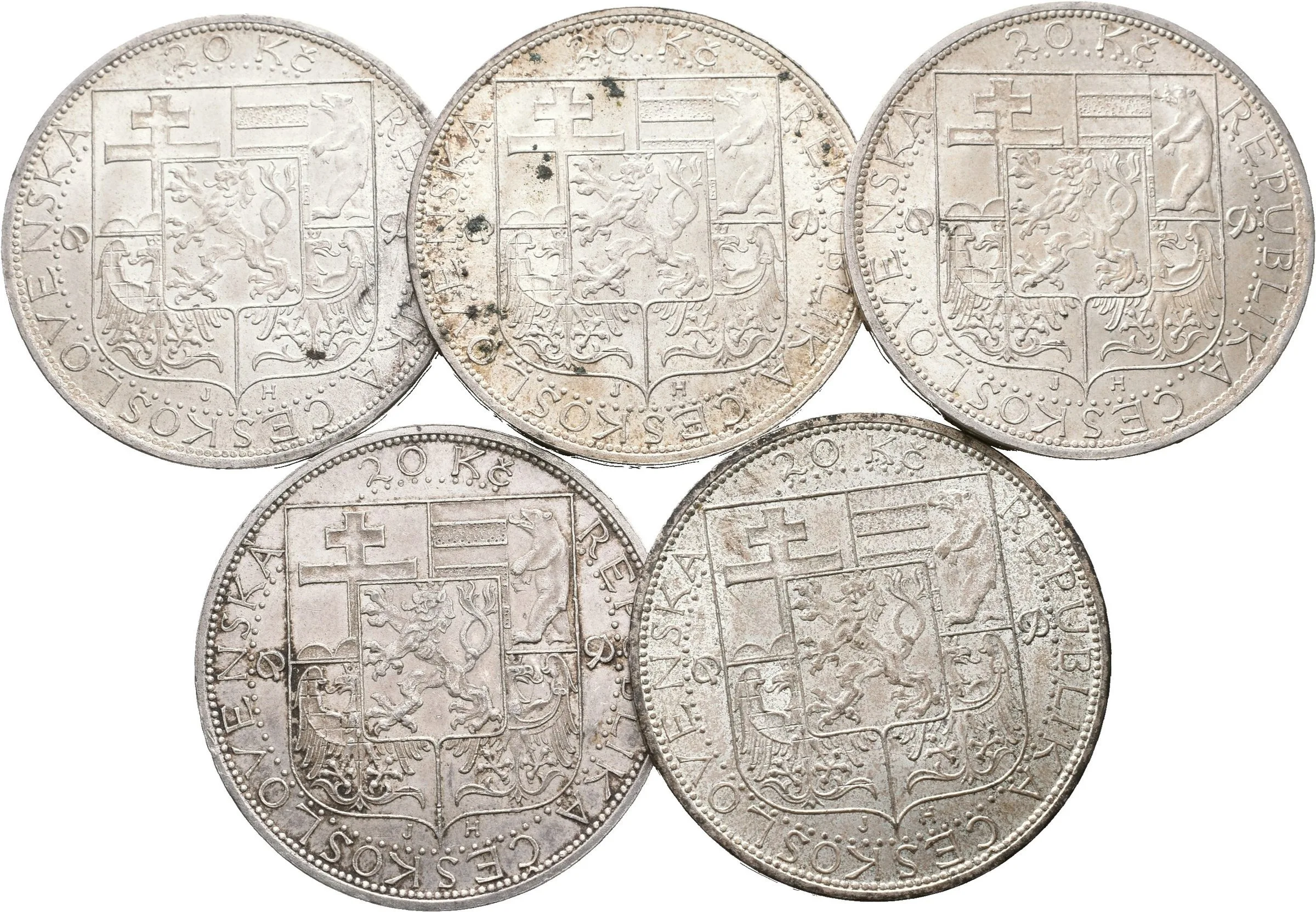 20 Koruna 1937 - Masaryk, pěkné zachovalosti, patina, oběh_5 ks — 1