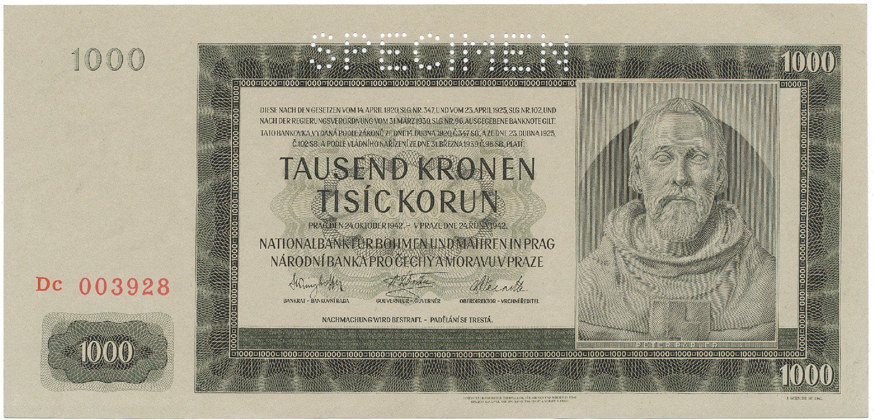 Protektorát Čechy a Morava, 1000 Koruna 1942, II.(III.) vydání, perf. 1x SPECIMEN, Hej.39b.S1