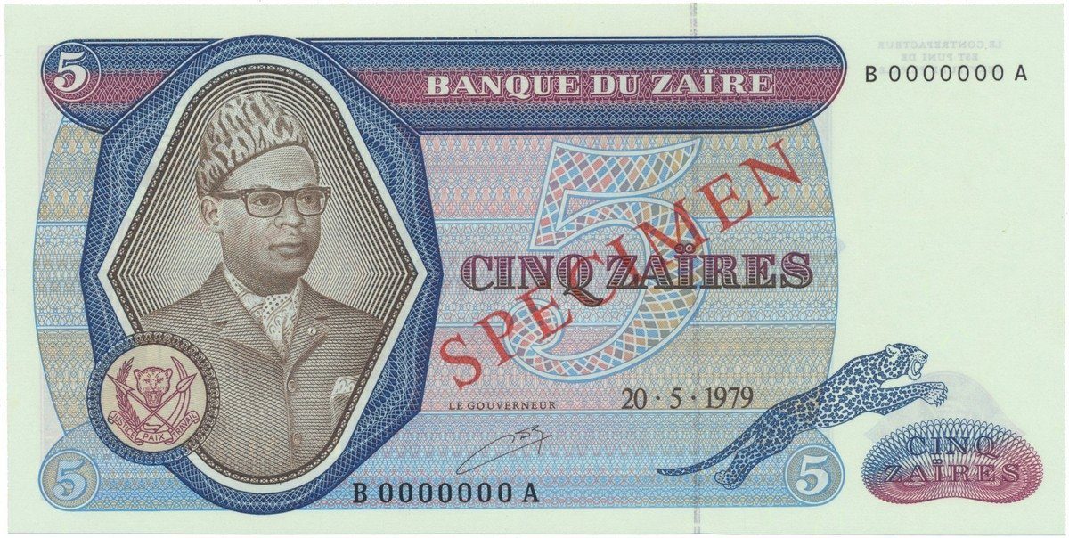 Zaire, 5 Zaires 1979, anulát - SPECIMEN, P.22s