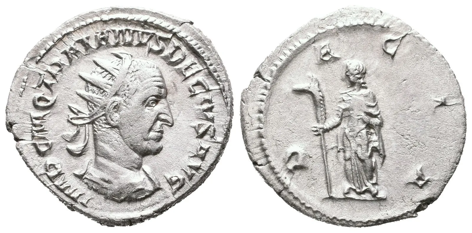 Antoninian, 249 - 251, Rv: DACIA, stojící Dacia zleva drží dlouhou hůl zakončenou — 1