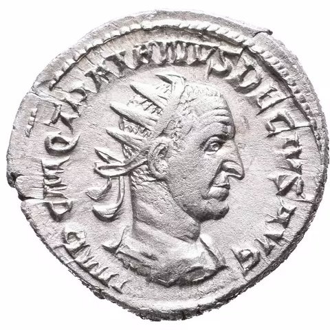 Antoninian, 249 - 251, Rv: DACIA, stojící Dacia zleva drží dlouhou hůl zakončenou