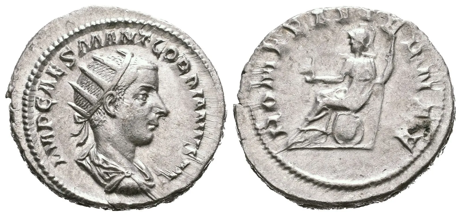 Antoninian, 240, Rv: ROMAE AETERNAE, sedící Roma zleva drží Victorii a oštěp, RIC.38, — 1