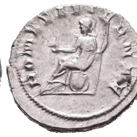 Antoninian, 240, Rv: ROMAE AETERNAE, sedící Roma zleva drží Victorii a oštěp, RIC.38,