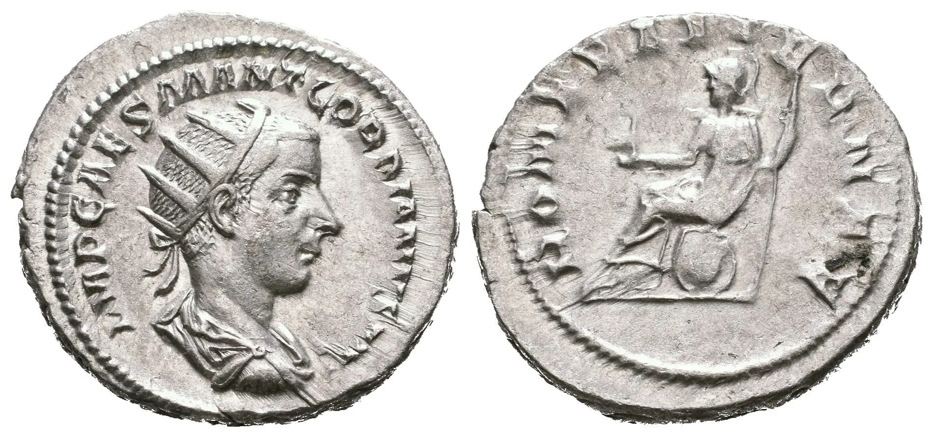 Antoninian, 240, Rv: ROMAE AETERNAE, sedící Roma zleva drží Victorii a oštěp, RIC.38, — 1